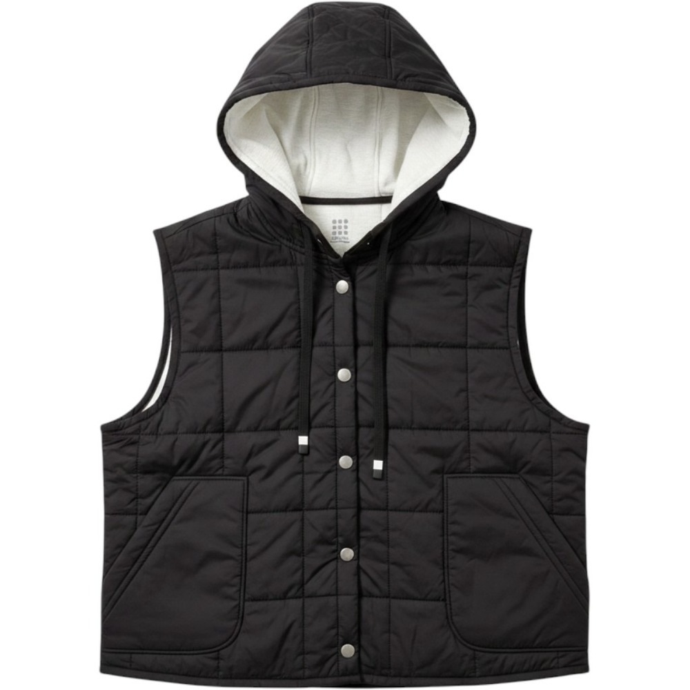 Title Nine Pinyon Quilted Vest Women M Black Hooded Snap Front Pockets Gorpcore